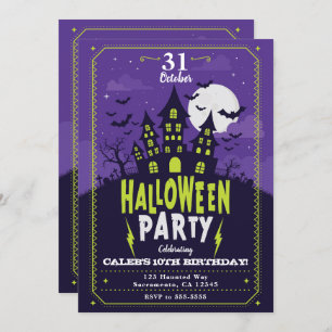 Purple & Green Haunted House Halloween Party Invitation