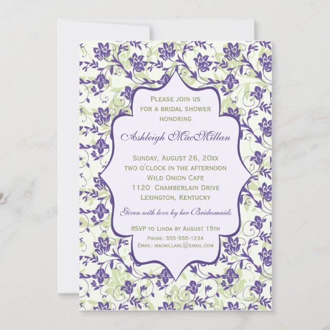 Purple, Green, Ivory Floral Bridal Shower Invitation (Front)