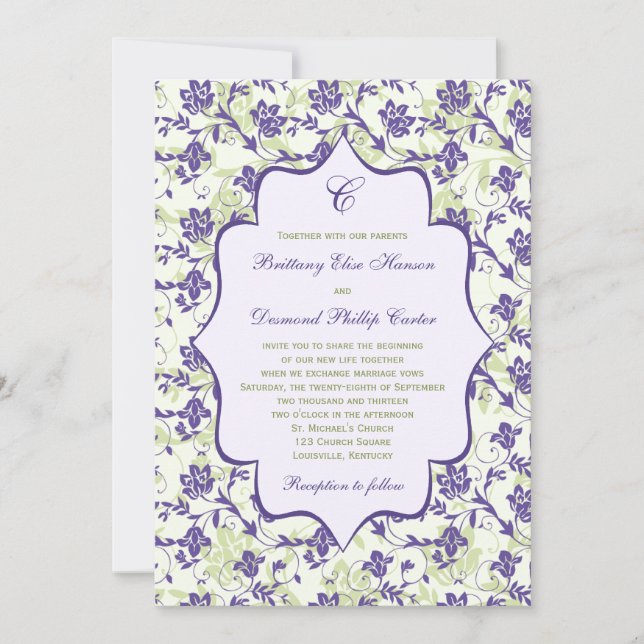 Purple Green Ivory Floral Wedding Invitation (Front)