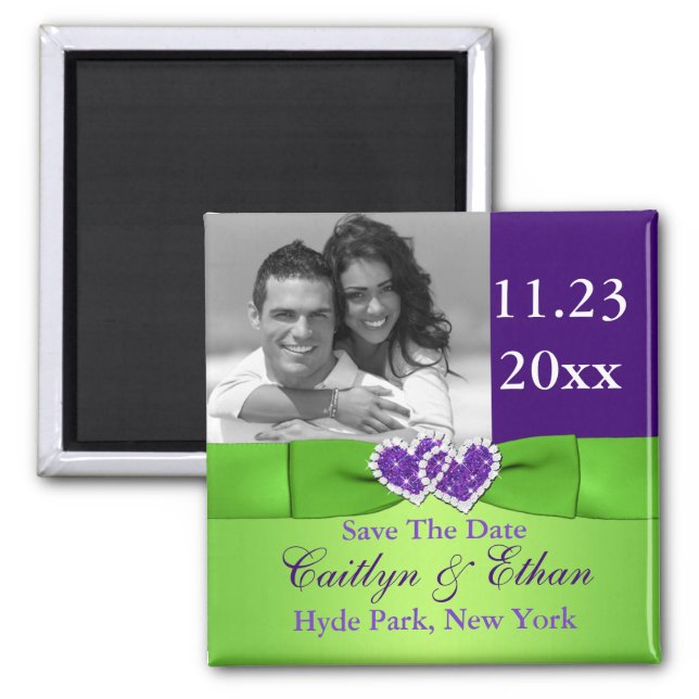 Purple, Green Joined Hearts Save the Date Magnet (Front)