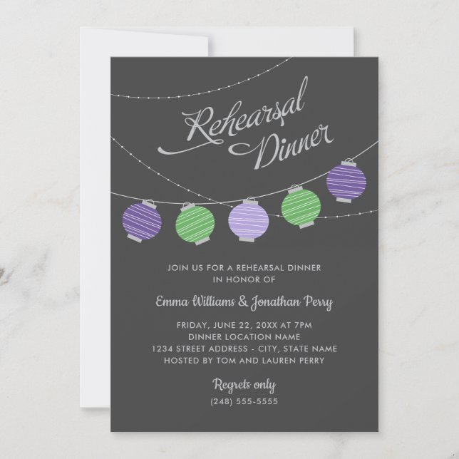 Purple Green Lantern Wedding Rehearsal Dinner Invitation (Front)