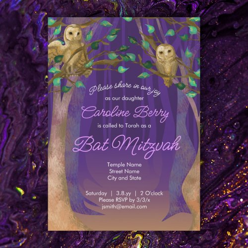 Purple Green Leaves Owls Bat Mitzvah Invitation