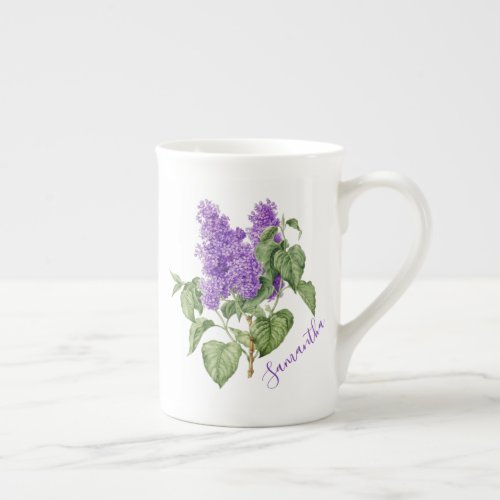 Purple Green Lilac Flower Custom Name Botanical Bone China Mug