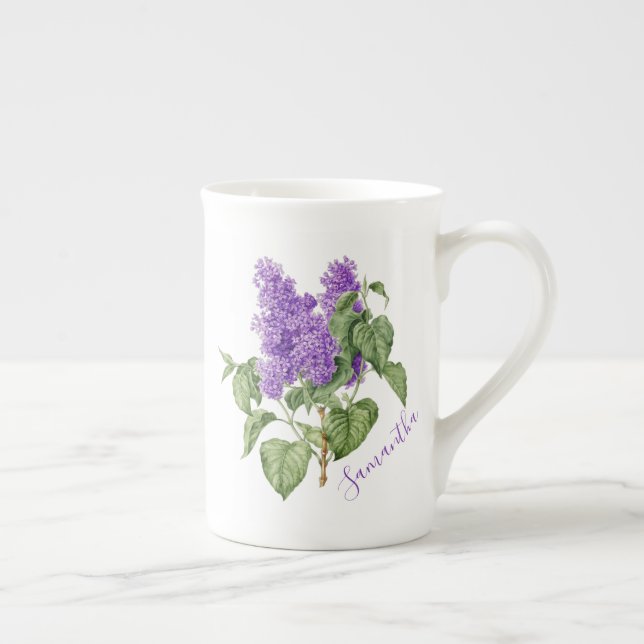 Purple Green Lilac Flower Custom Name Botanical Bone China Mug (Right)