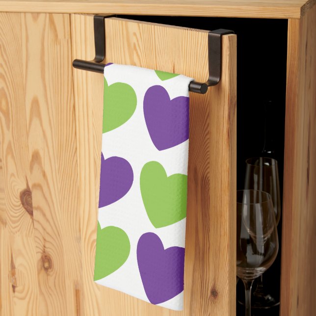 Purple Green Love Hearts  Kitchen Towel (Thirds Fold)