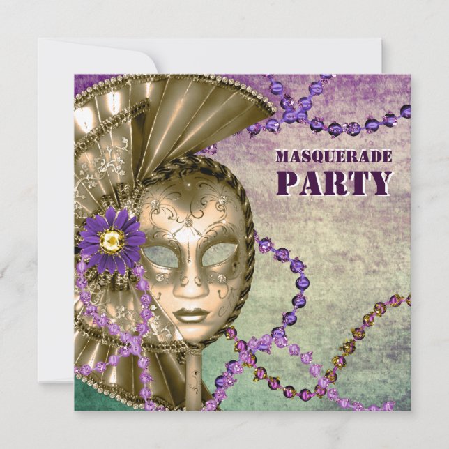 Purple Green Mardi Gras Beads Masquerade Party Invitation (Front)