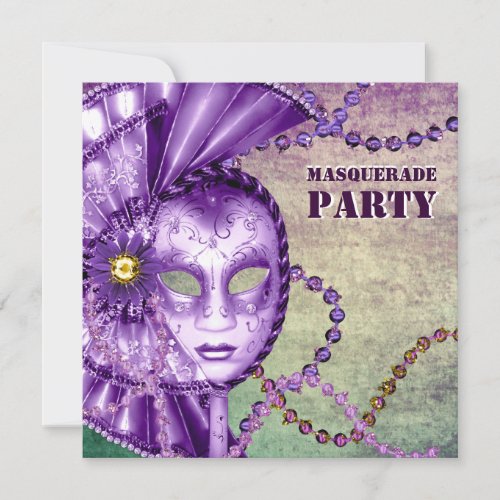 Purple Green Mardi Gras Beads Masquerade Party Invitation