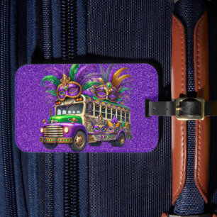 PURPLE & GREEN MARDI GRAS BUS & FEATHERS LUGGAGE TAG