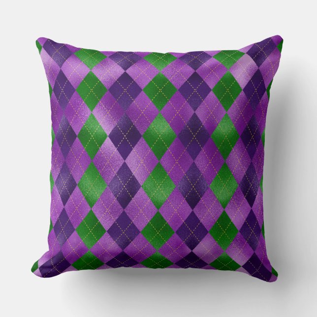 PURPLE & GREEN MARDI GRAS DIAMOND PATTERNS THROW PILLOW (Front)