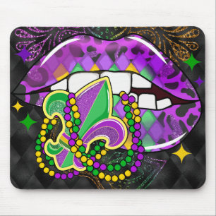 PURPLE GREEN MARDI GRAS LIPS BEADS FLEURDILIS MOUSE PAD