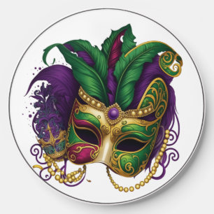 PURPLE & GREEN MARDI GRAS MASK WITH FEATHERS WIRELESS CHARGER