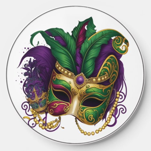 PURPLE  GREEN MARDI GRAS MASK WITH FEATHERS WIRELESS CHARGER 