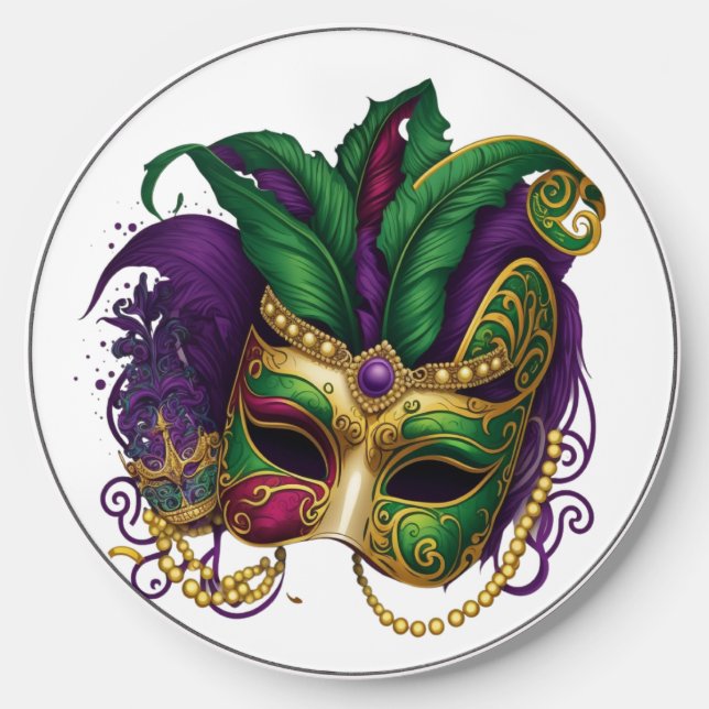 PURPLE & GREEN MARDI GRAS MASK WITH FEATHERS WIRELESS CHARGER  (Front)