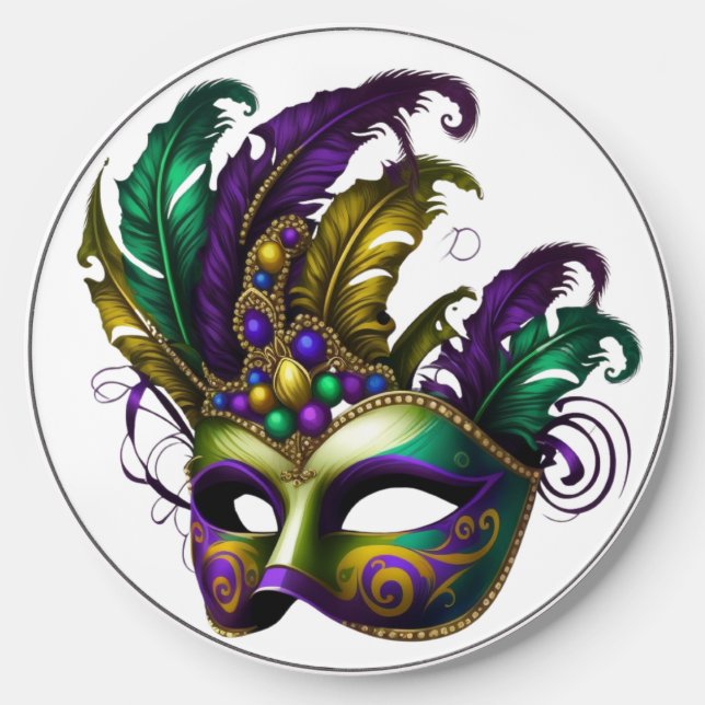 PURPLE & GREEN MARDI GRAS MASK WITH FEATHERS WIRELESS CHARGER  (Front)