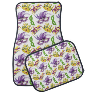 PURPLE & GREEN MARDI GRAS MASKS & GOLD CROWNS CAR FLOOR MAT