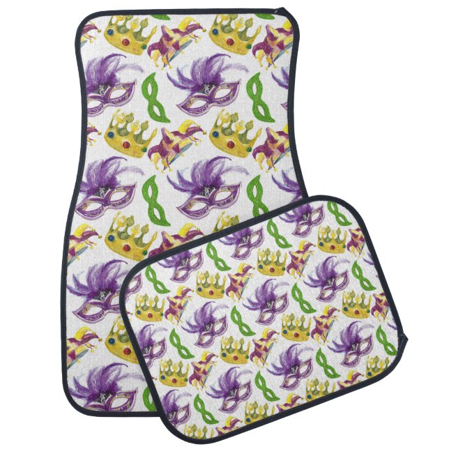 PURPLE & GREEN MARDI GRAS MASKS & GOLD CROWNS CAR FLOOR MAT (Set)