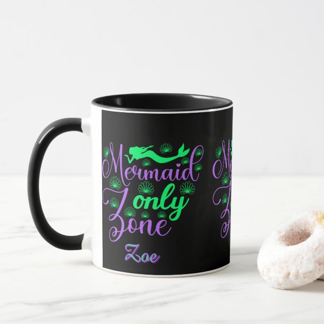 Purple Green Mermaid Script Zone Script Mug (With Donut)