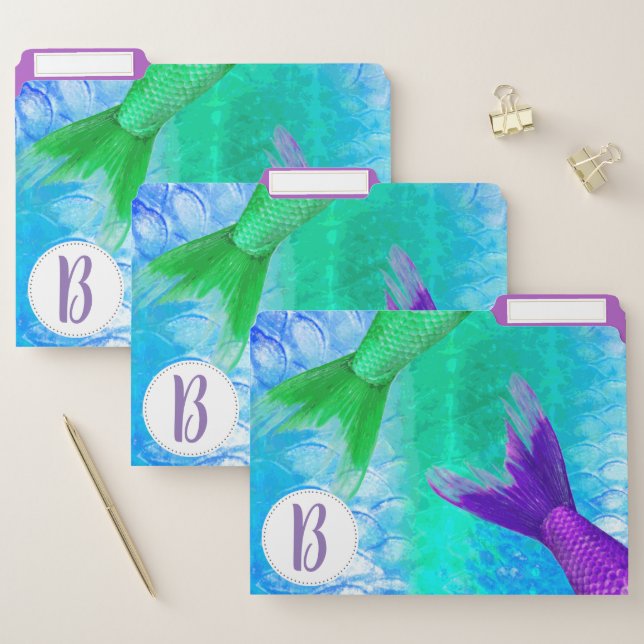 Purple & Green Mermaid Tails & Scales | Monogram File Folder (Set)