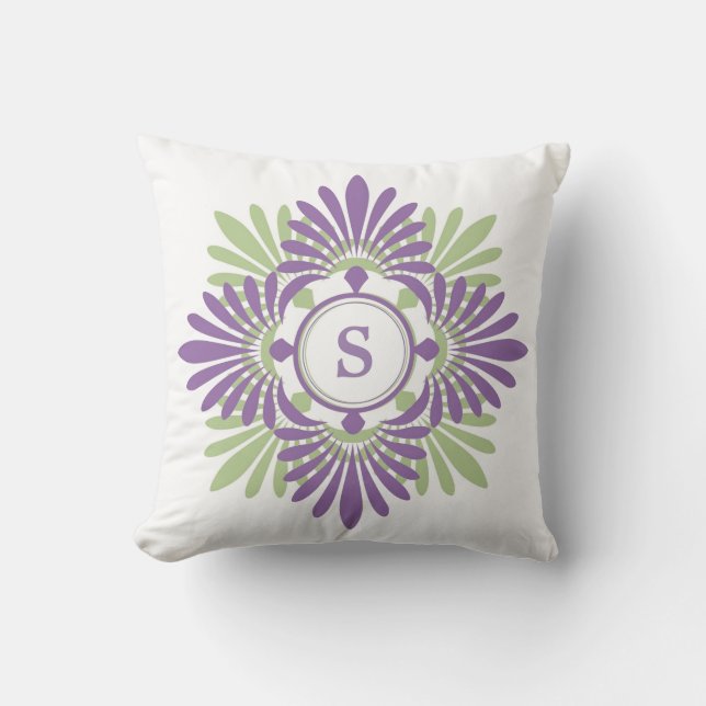 Purple Green Modern Floral Pattern Monogrammed Throw Pillow (Front)