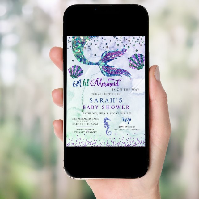 Purple Green Modern Glitter Mermaid Baby Shower Invitation (Front Digital)