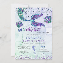 Purple Green Modern Glitter Mermaid Baby Shower Invitation