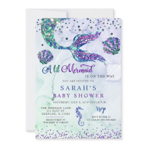 Purple Green Modern Glitter Mermaid Baby Shower Invitation