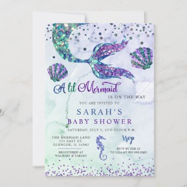Purple Green Modern Glitter Mermaid Baby Shower Invitation
