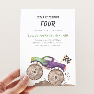 Purple & Green Monster Truck Birthday Any Age Invitation
