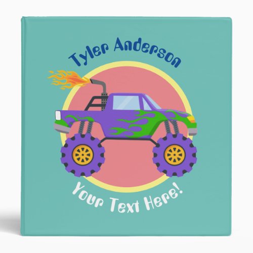 Purple  Green Monster Truck DIY Name  Extra Text 3 Ring Binder