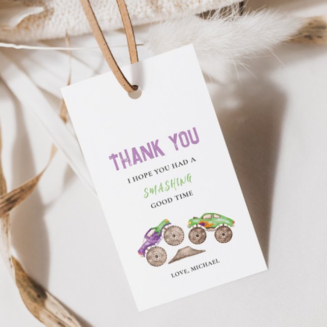 Purple Green Monster Trucks Birthday Gift Tag (Creator Uploaded)