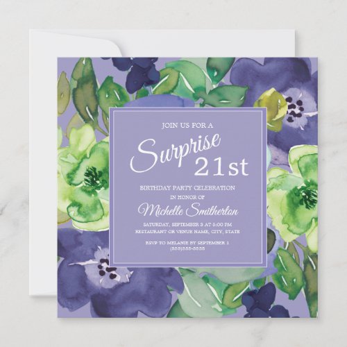 Purple Green Navy Watercolor Floral 21st Birthday Invitation