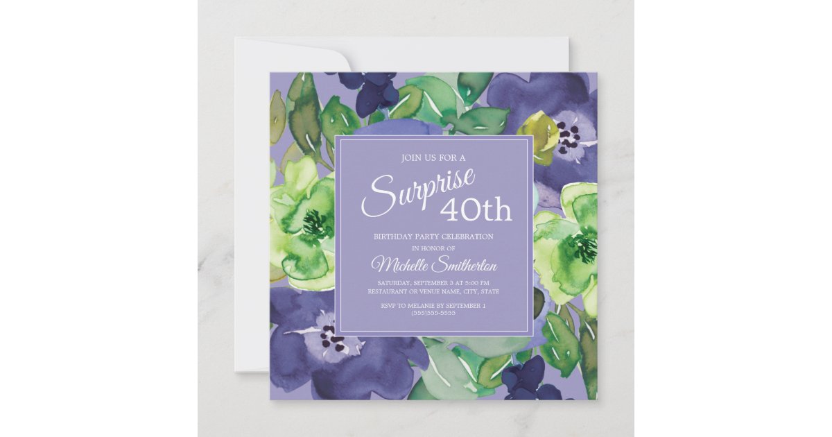 Purple Green Navy Watercolor Floral 40th Birthday Invitation | Zazzle