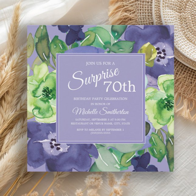 Purple Green Navy Watercolor Floral 70th Birthday Invitation (Blue watercolor floral and green leaves women's 70th birthday party invitation)