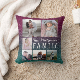 Purple Green Ombre Glitter Family Photo Collage Throw Pillow