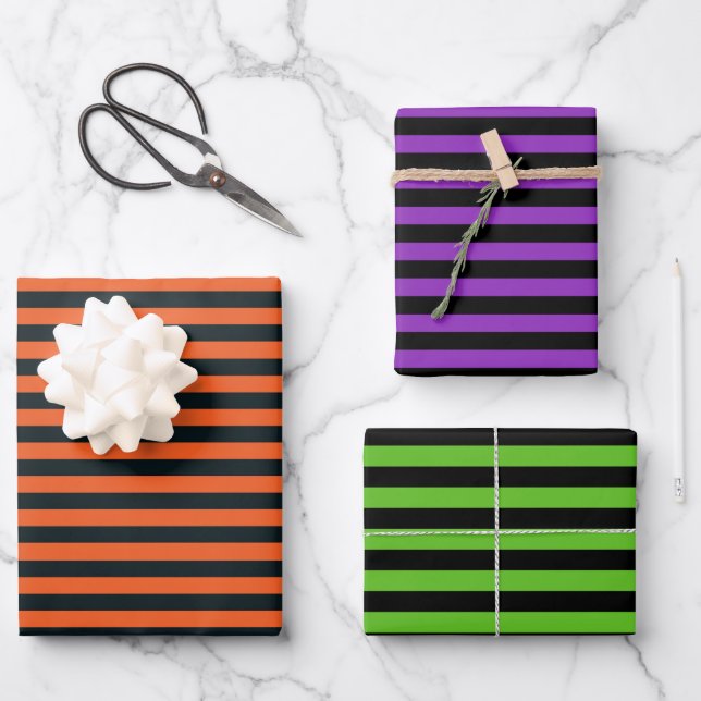 Purple Green Orange Black Stripes Halloween Wrapping Paper Sheets (Front)