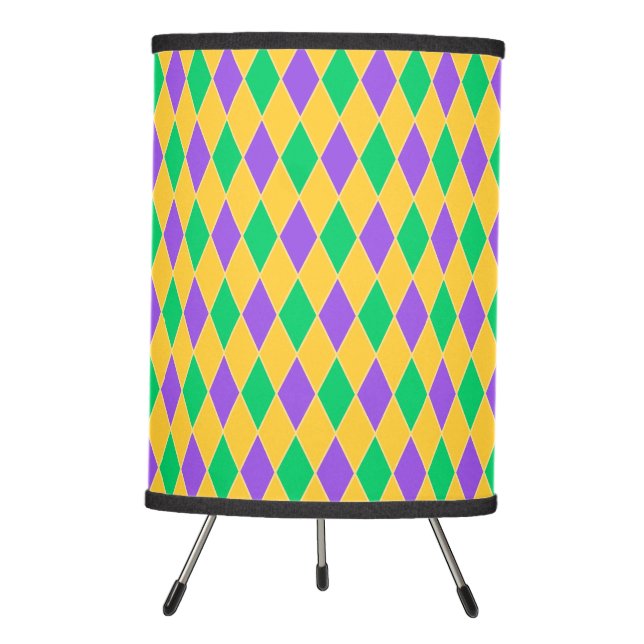 PURPLE GREEN ORANGE MARDI GRAS DIAMOND PATTERN TRIPOD LAMP (Front)