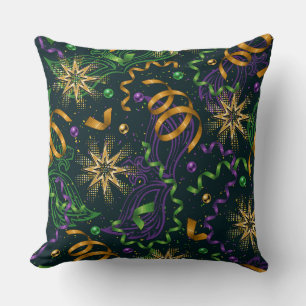 PURPLE GREEN ORANGE MARDI GRAS STREAMERS FIREWORKS THROW PILLOW