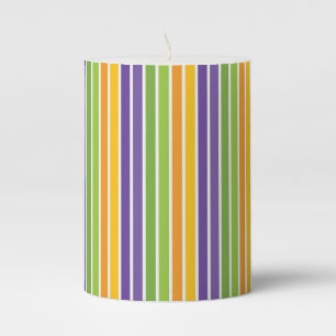 PURPLE GREEN ORANGE YELLOW HALLOWEEN STRIPES PILLAR CANDLE
