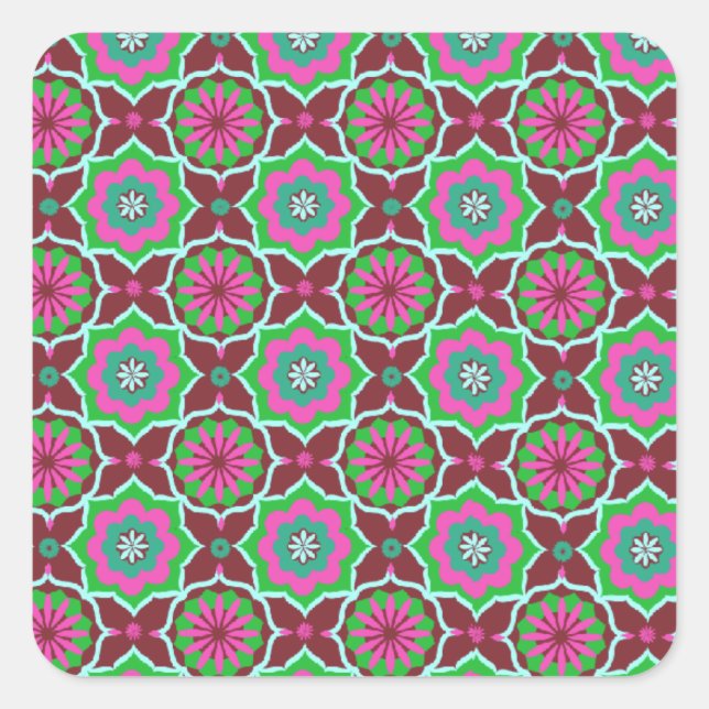 Purple green oriental pattern square sticker (Front)