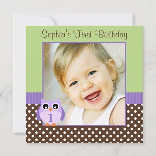 Purple Green Owl Polka Dot 1st Birthday Girl Photo Invites
