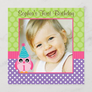 Purple Green Owl Polka Dot 1st Birthday Girl Photo Invitation