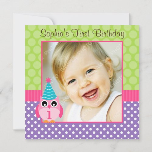 Purple Green Owl Polka Dot 1st Birthday Girl Photo Custom Announcement