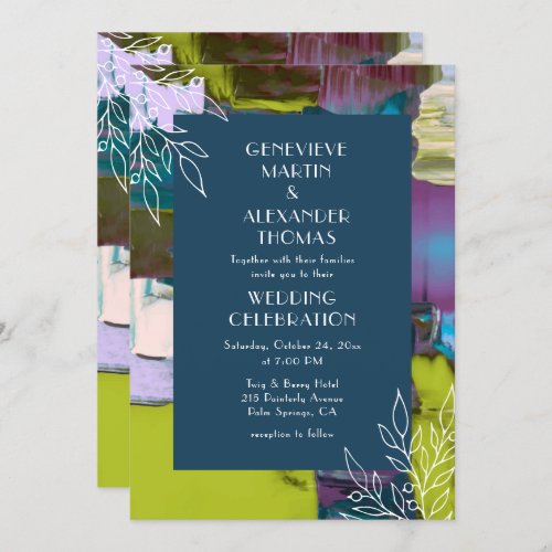 Purple Green Painted Abstract Floral Wedding Invitation