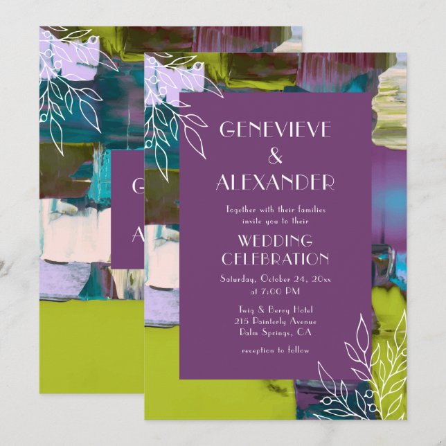 Purple Green Painted Abstract Floral Wedding Invitation (Front/Back)