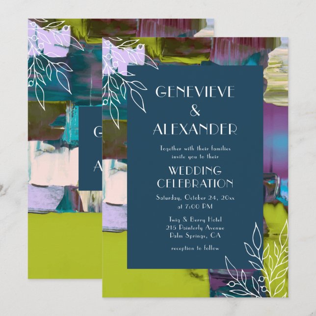 Purple Green Painted Abstract Floral Wedding Invitation (Front/Back)