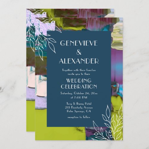 Purple Green Painted Abstract Floral Wedding Invitation