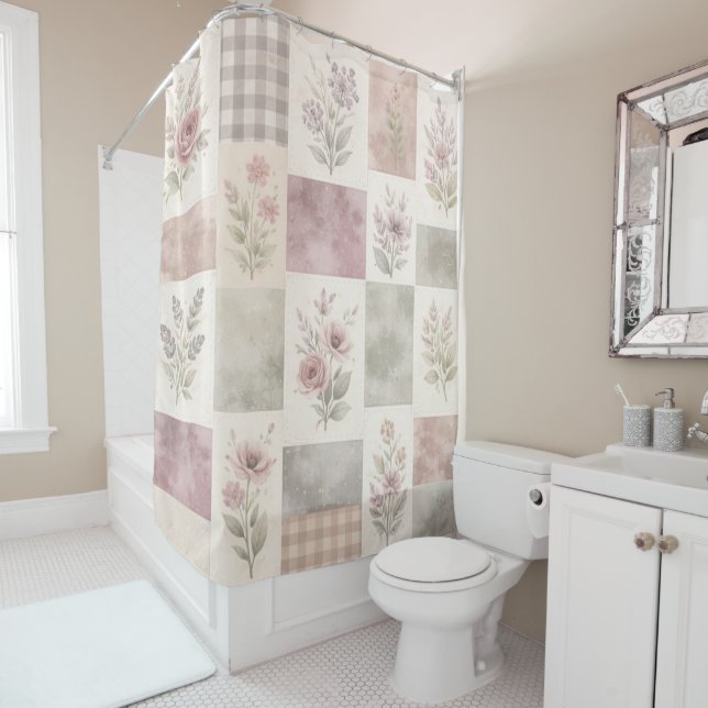 Purple Green Pastel Quilt Patchwork Floral Gingham Shower Curtain (In Situ)