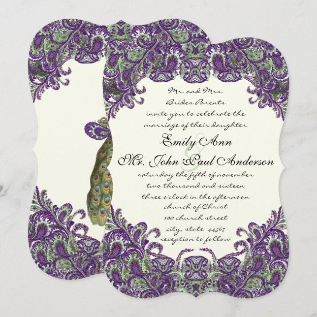 Purple & Green Peacock Ivory Wedding Invitations (Front/Back)