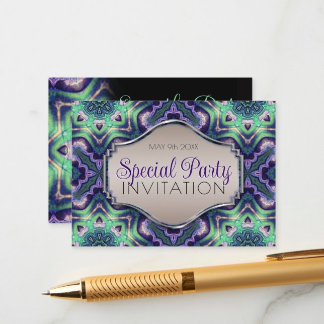 Purple Green Peacock Mandala Modern Medieval Enclosure Card (Front/Back In Situ)