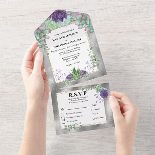 Purple green peacock watercolor succulent plants all in one invitation